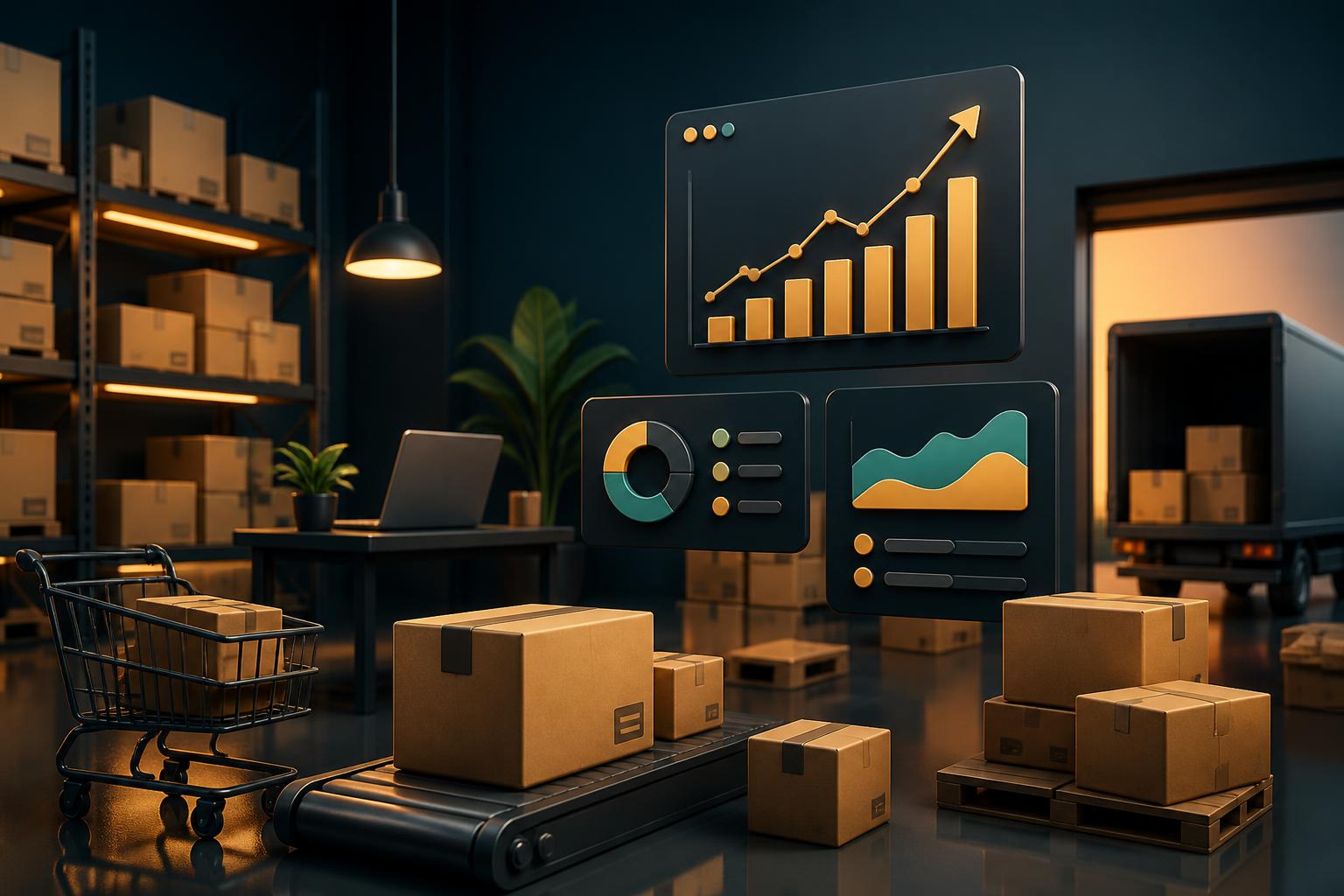 Fulfilment centre with packed orders and rising sales dashboards